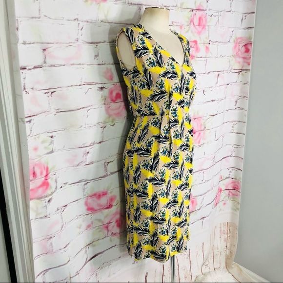 J Crew Silk Yellow and Blue Floral Sleeveless V-neck Midi Dress - Size 00 - Picture 4 of 13